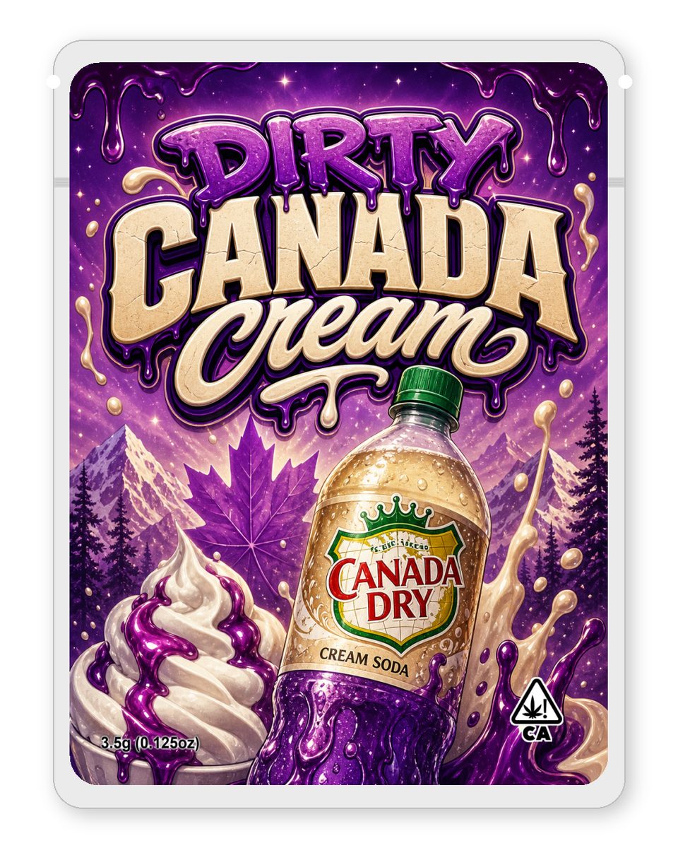 Dirty Canada cream custom 4"x5" mylar bag design (front)