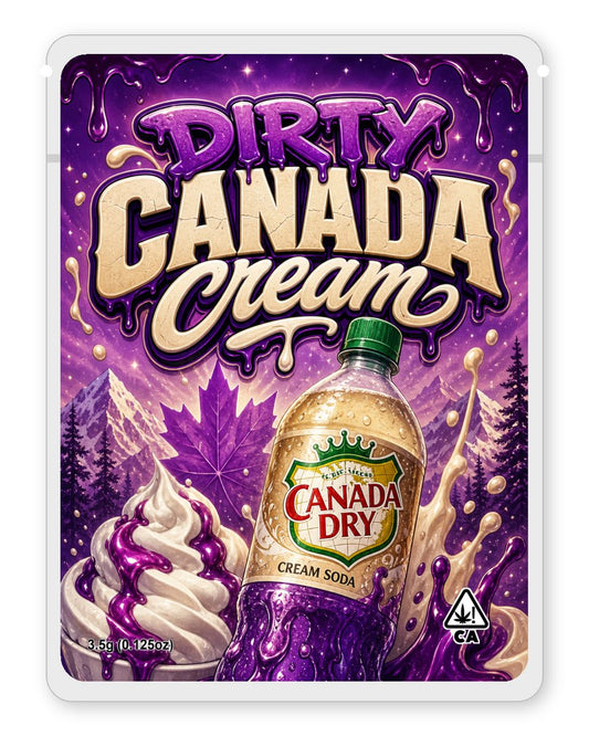 Dirty Canada cream custom 4"x5" mylar bag design (front)