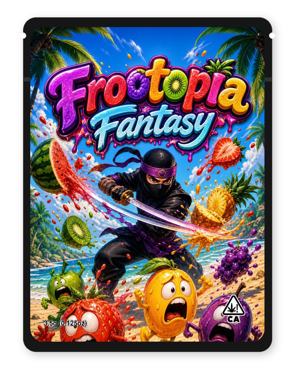 Frootopia Fantasy custom 4"x5" mylar bag design (front)