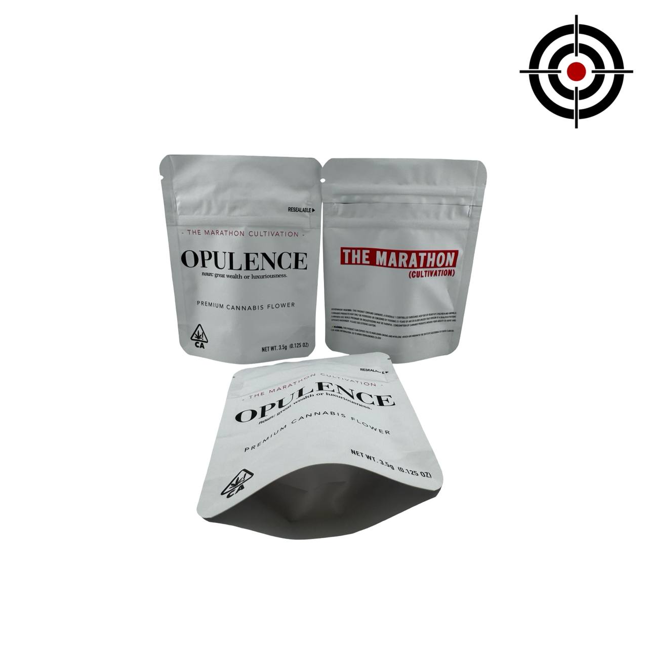 Opulence 3.5g mylar bags front and back views — premium matte white soft-touch resealable child-proof stand-up pouches