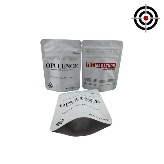 Opulence 3.5g mylar bags front and back views — premium matte white soft-touch resealable child-proof stand-up pouches