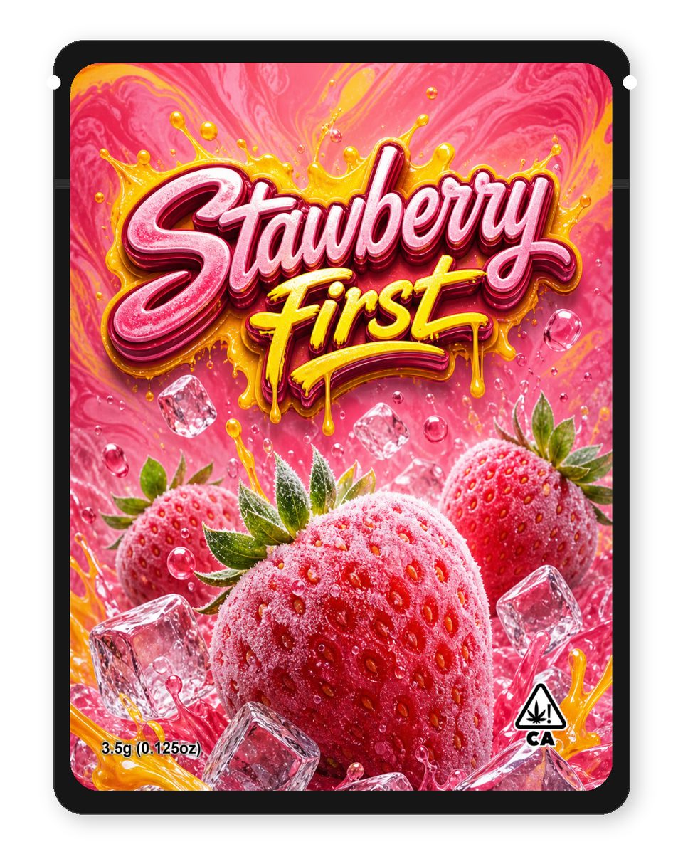 Stawberry first custom 4"x5" mylar bag design (front)