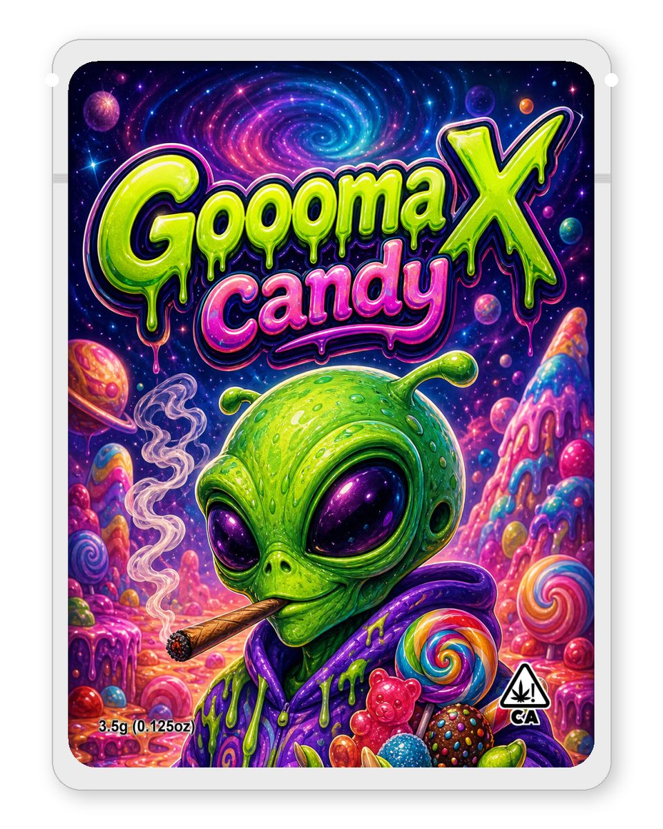 Goooma X candy custom 4"x5" mylar bag design (front)