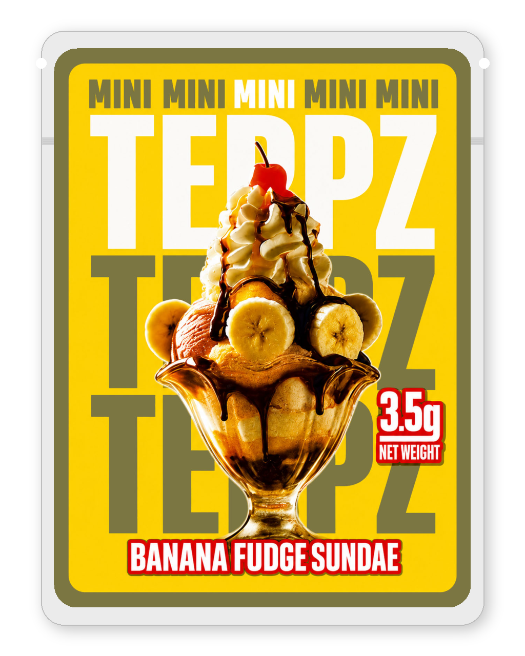 Banana Fudge Sundae 3.5g mylar bag front — Terpz Mini sticker format, golden-yellow background with sundae and banana fudge artwork