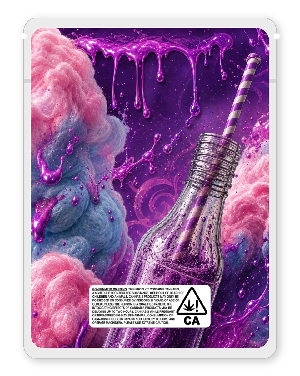 Dirty cotton candy custom 4"x5" mylar bag design (back)
