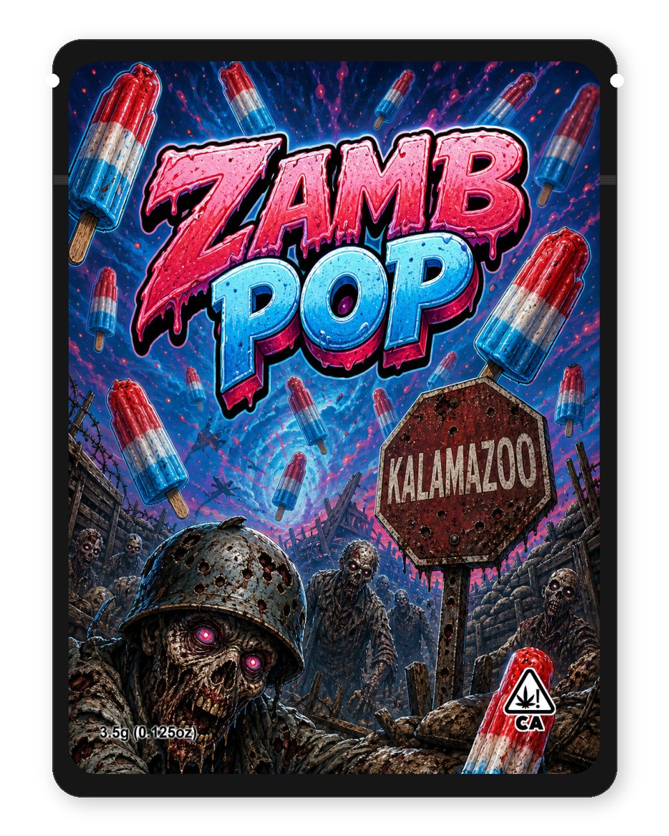 Zamb Pop custom 4"x5" mylar bag design (front)