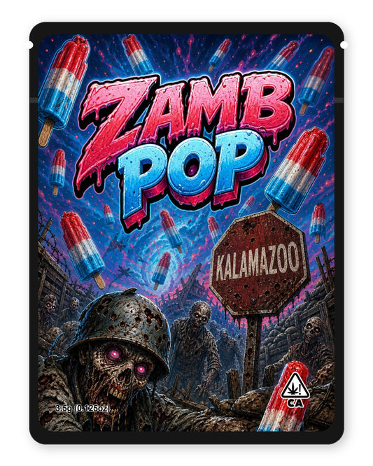 Zamb Pop custom 4"x5" mylar bag design (front)