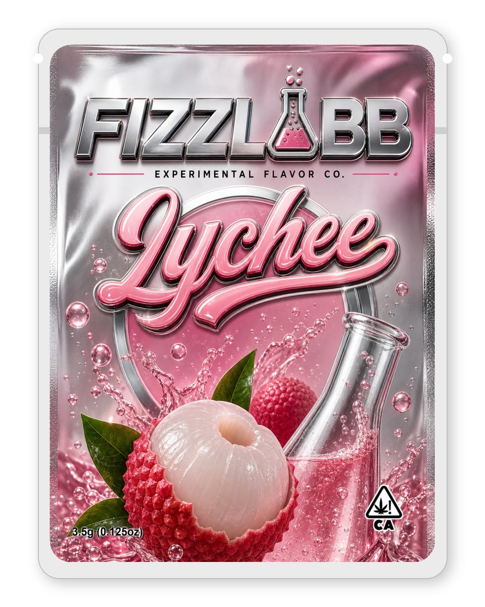 Lychee custom 4"x5" mylar bag design (front)