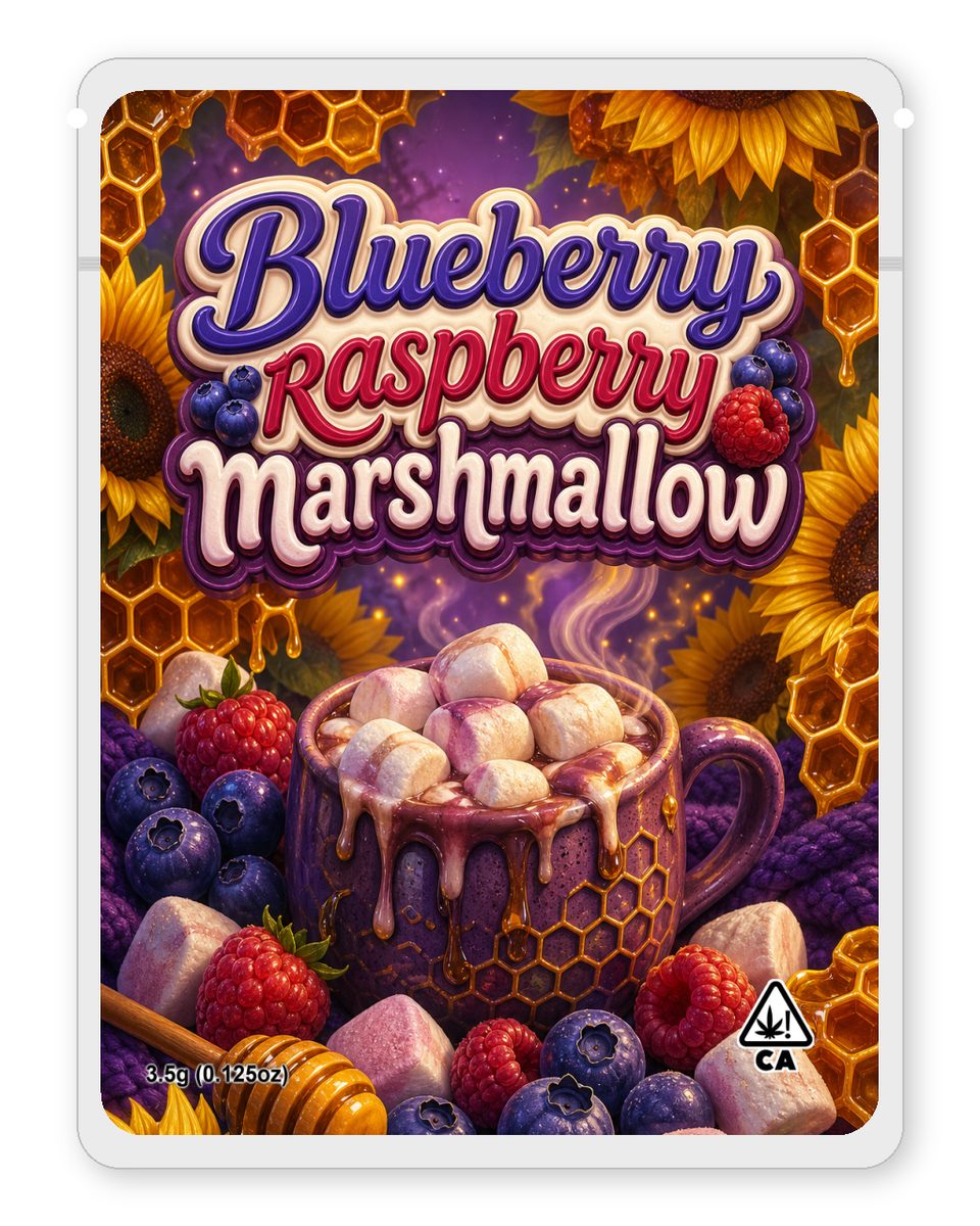 Blueberry  raspberry marshmallow custom 4"x5" mylar bag design (front)
