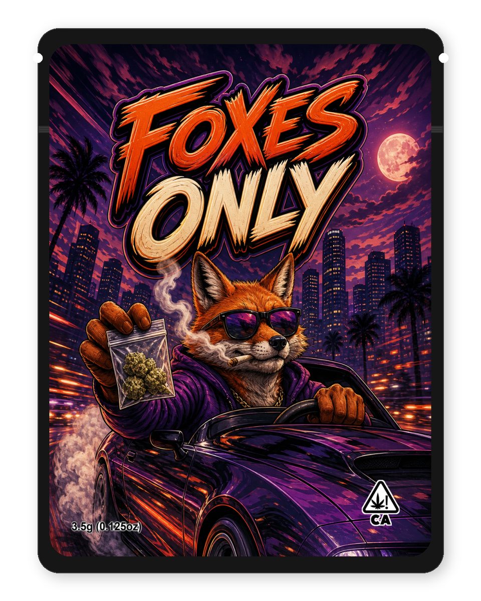 Foxes Only custom 4"x5" mylar bag design (front)
