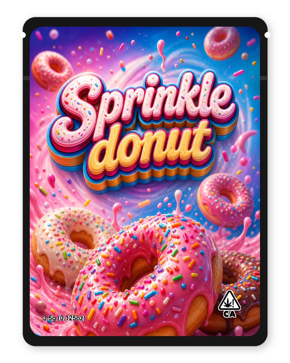 Sprinkle donut custom 4"x5" mylar bag design (front)