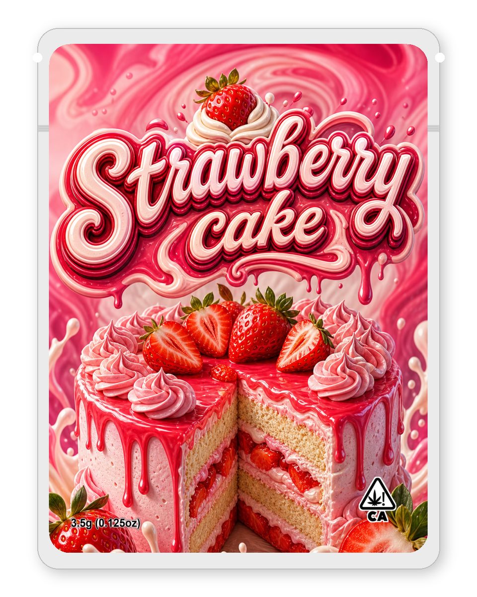 Strawberry cake custom 4"x5" mylar bag design (front)