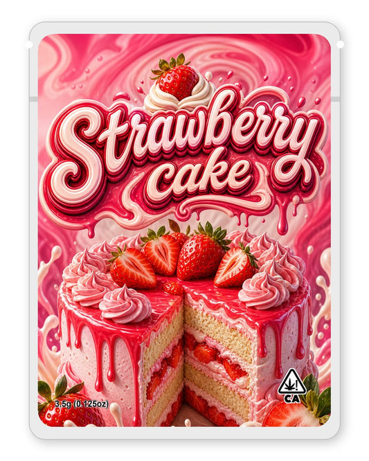 Strawberry cake custom 4"x5" mylar bag design (front)