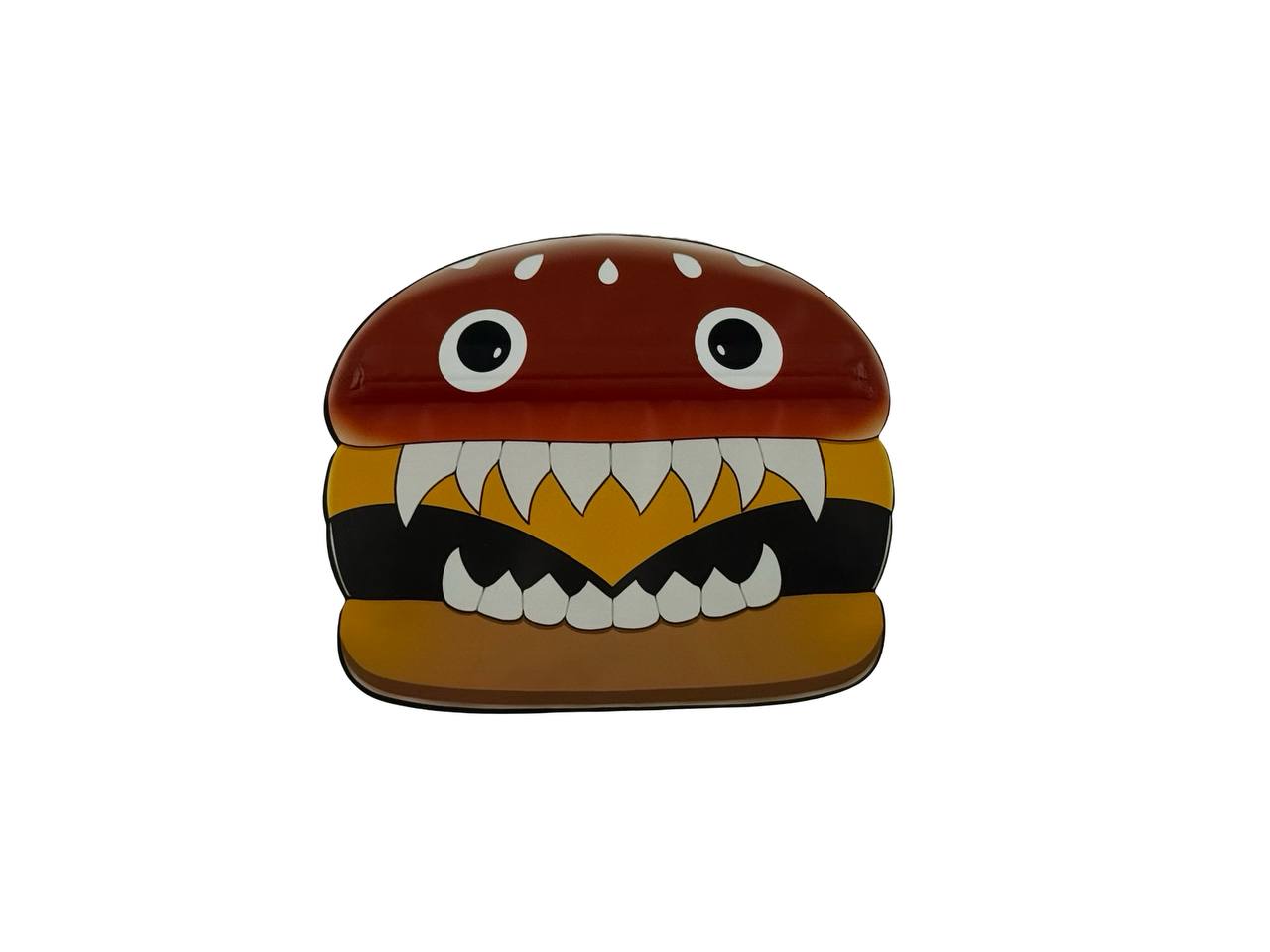 McRuntz 3.5g mylar bag front — die-cut hamburger shape with cartoon teeth, Joke's Up branding