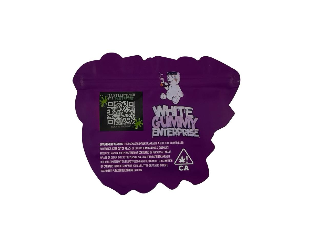 Rab Tested 3.5g mylar bag back design — White Gummy Enterprise cartoon teddy bear with QR code