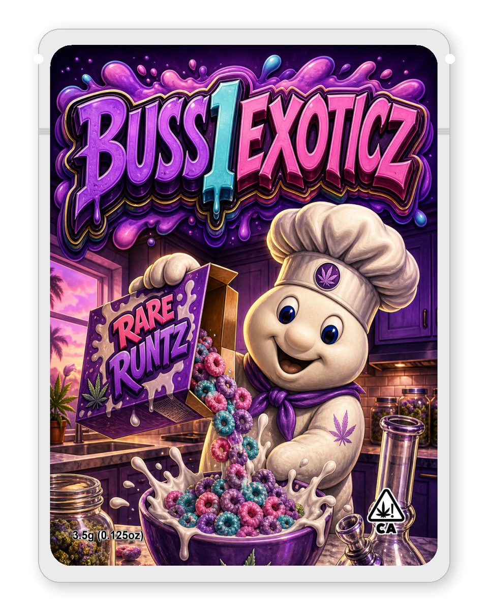 BUSS1EXOTICZ custom 4"x5" mylar bag design (front)