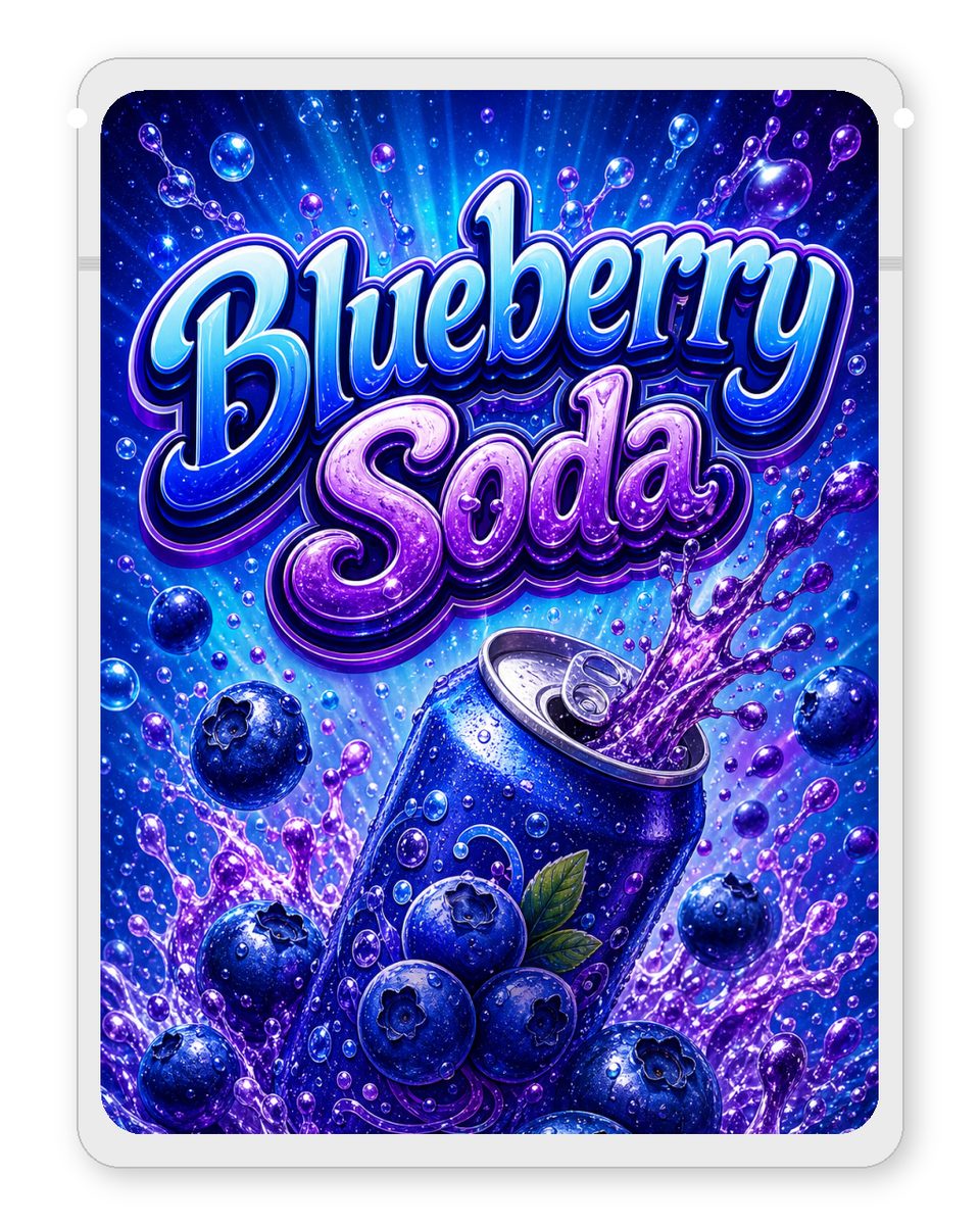 Blueberry Soda custom 4"x5" mylar bag design (front)
