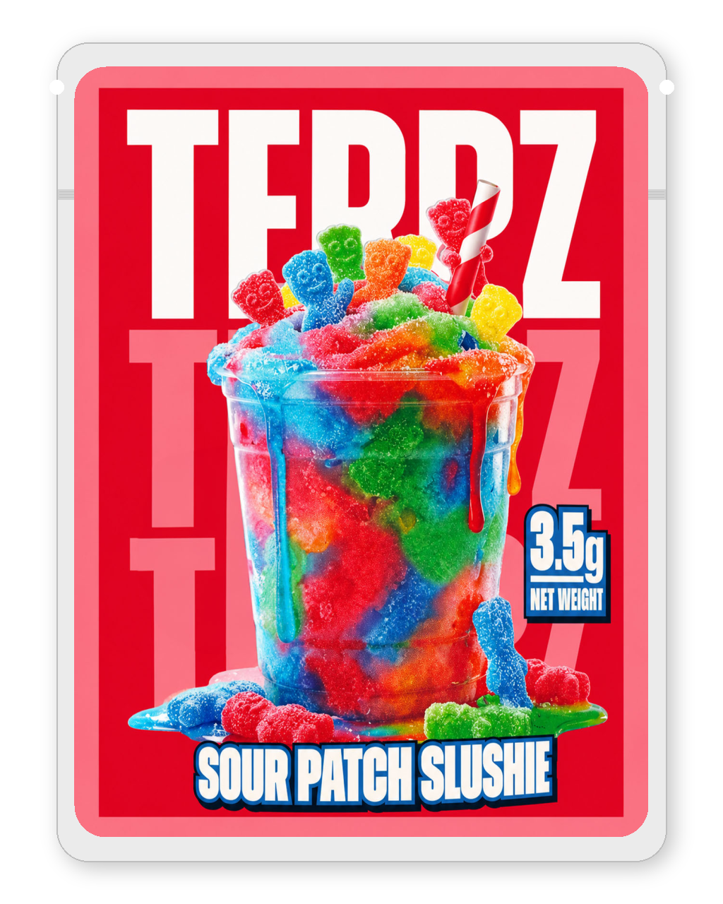 Sour Patch Slushie 3.5g mylar bag front — Terpz sticker format, crimson background with rainbow slushie and candy artwork