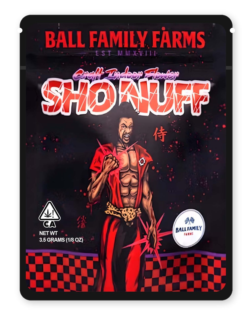 Shonuff 3.5g Mylar Sticker Bags Ball Family Farms - Front Design