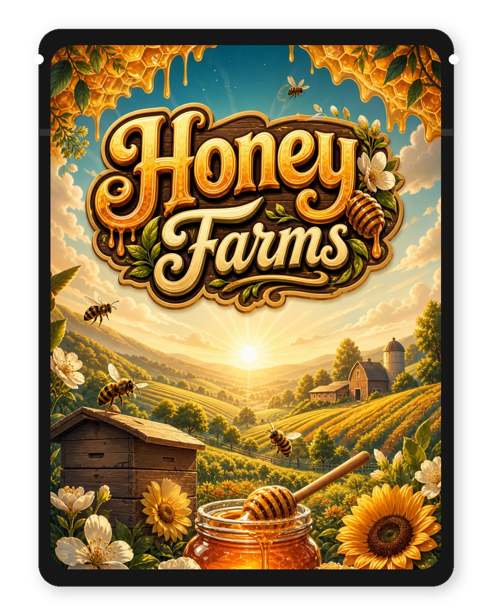 Honey Farms custom 4"x5" mylar bag design (front)
