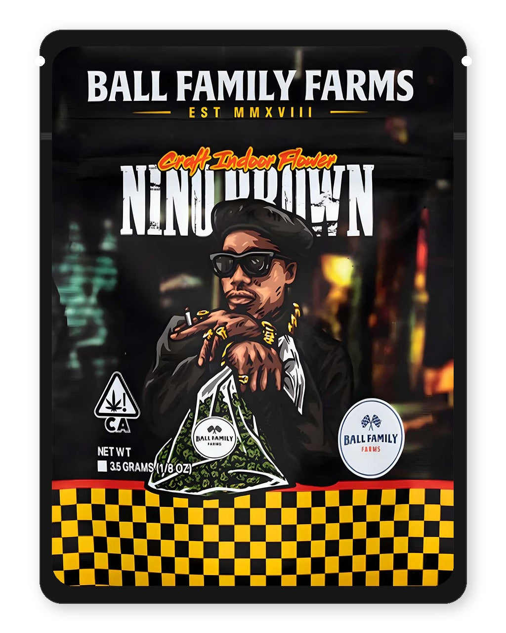 Nino Brown 3.5g Mylar Sticker Bags Ball Family Farms - Front Design
