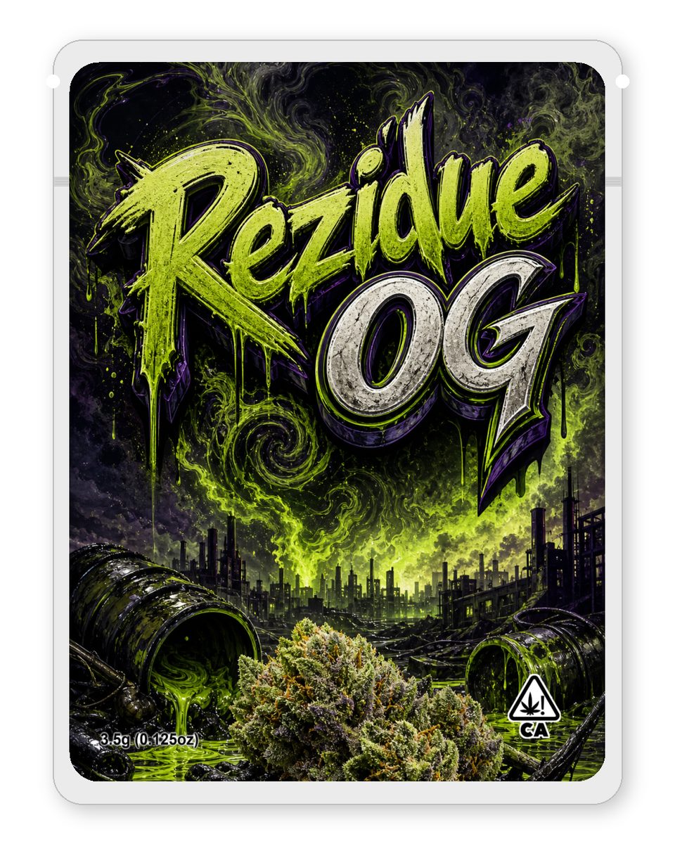 Rezidue OG custom 4"x5" mylar bag design (front)