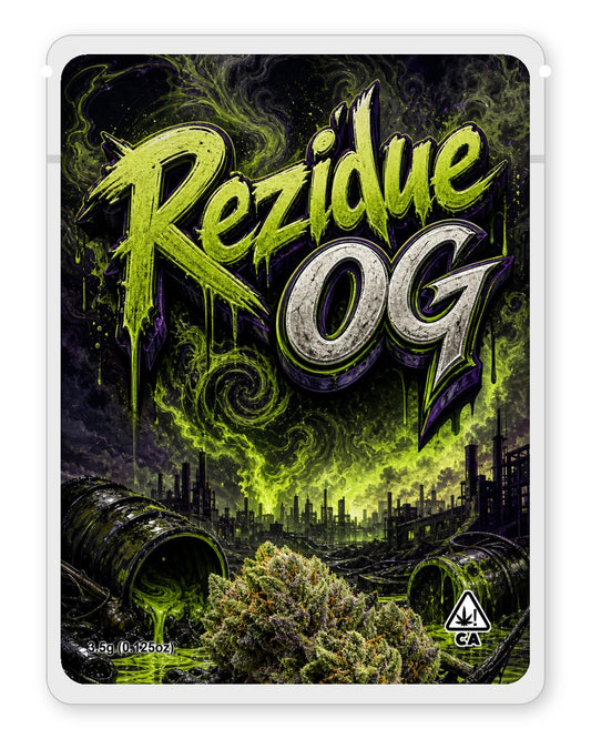 Rezidue OG custom 4"x5" mylar bag design (front)