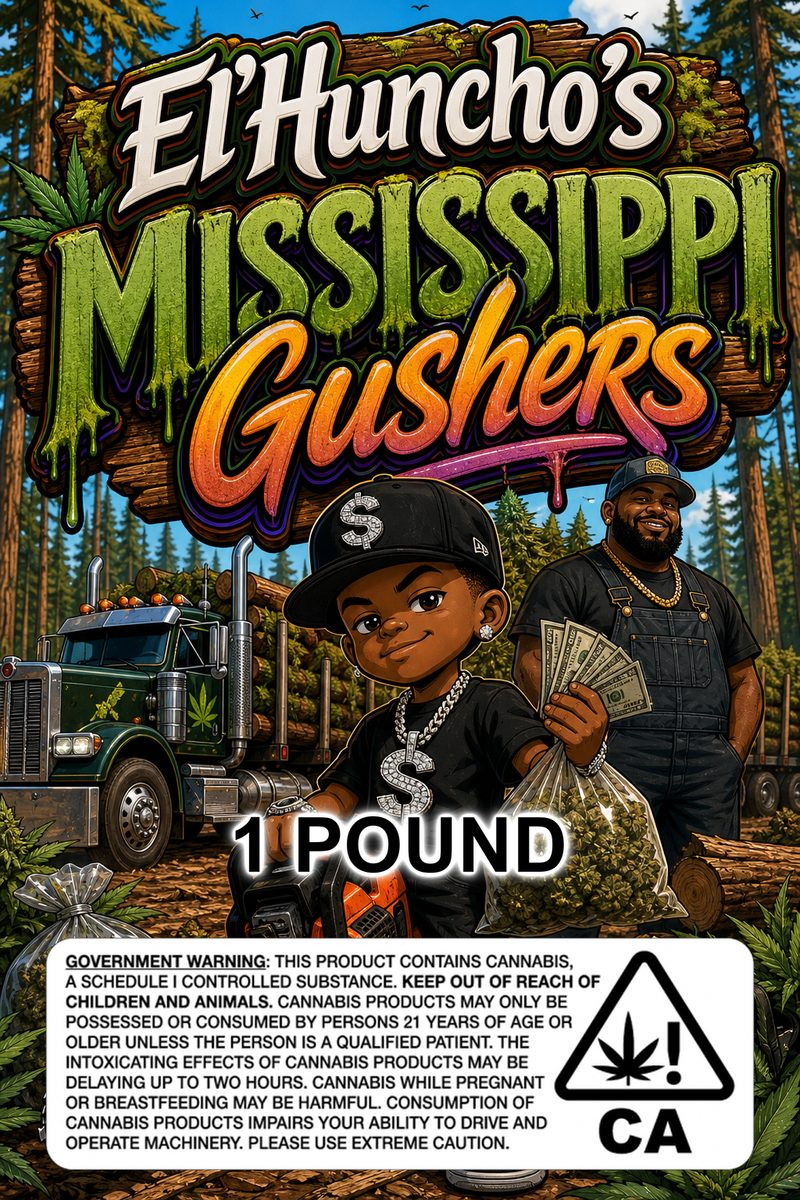 El'Huncho's Mississippi Gushers custom 6x9 pound bag sticker / turkey-bag flavor label
