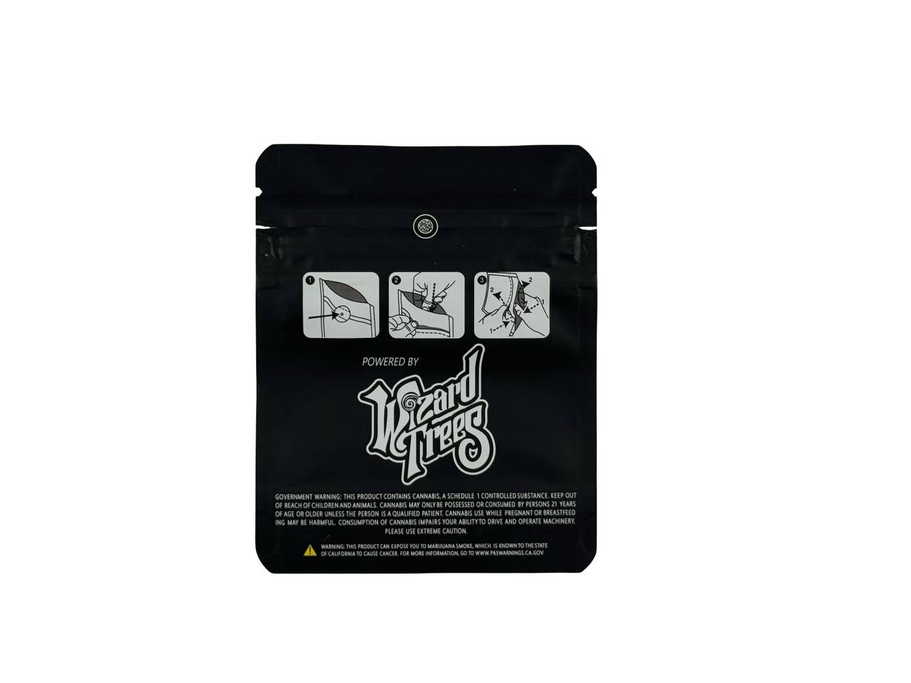 GM3 3.5g mylar bag back — ornate Wizard Trees vintage wordmark, 3-step child-resistant press-button zipper instruction pictograms, CA compliance labeling