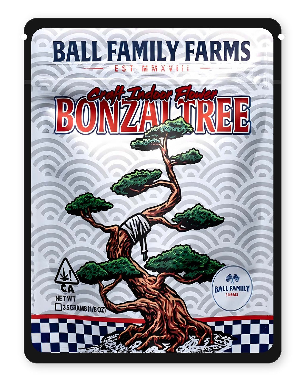 Bonzai Tree 3.5g Mylar Sticker Bags Ball Family Farms - Front Design