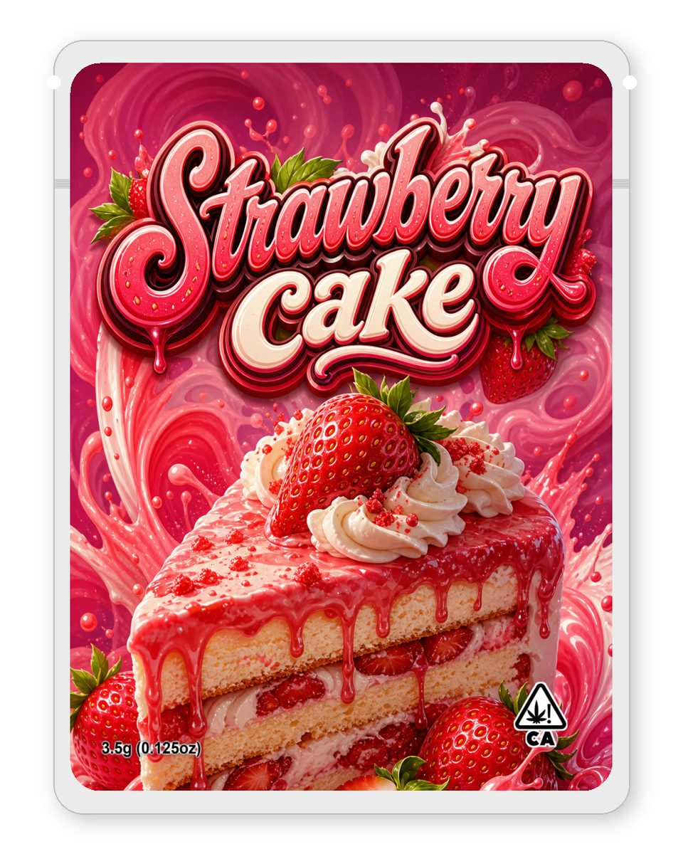 Strawberry cake custom 4"x5" mylar bag design (front)