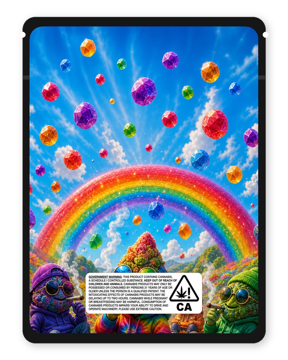 Rainbow Gushers custom 4"x5" mylar bag design (back)