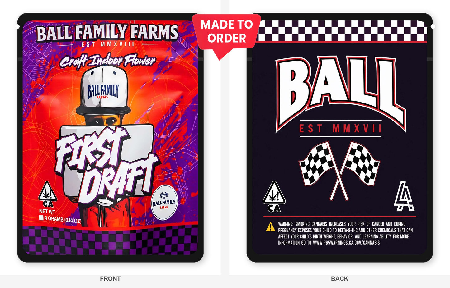 First Draft 3.5g Mylar Bags Ball Family Farms - Front and Back View