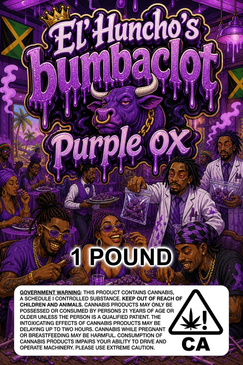 El'Huncho's bumbaclot 🐮 purple ox custom 6x9 pound bag sticker / turkey-bag flavor label