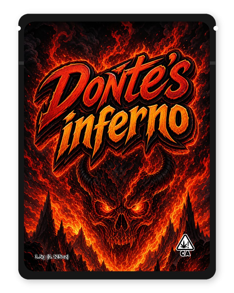 Donte’s inferno custom 4"x5" mylar bag design (front)