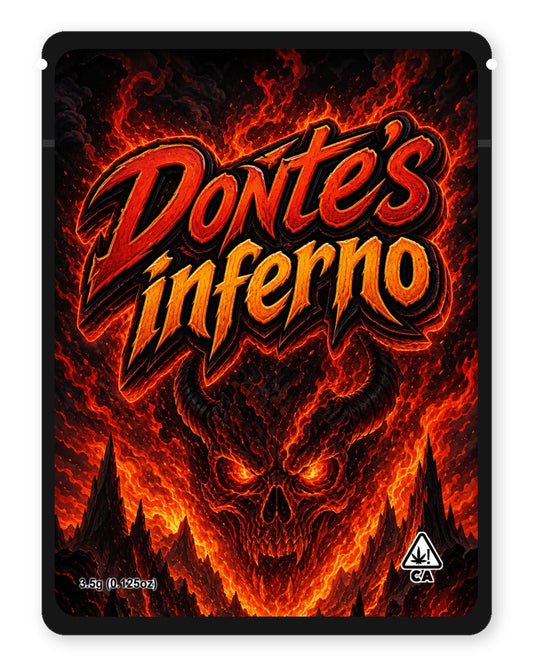 Donte’s inferno custom 4"x5" mylar bag design (front)