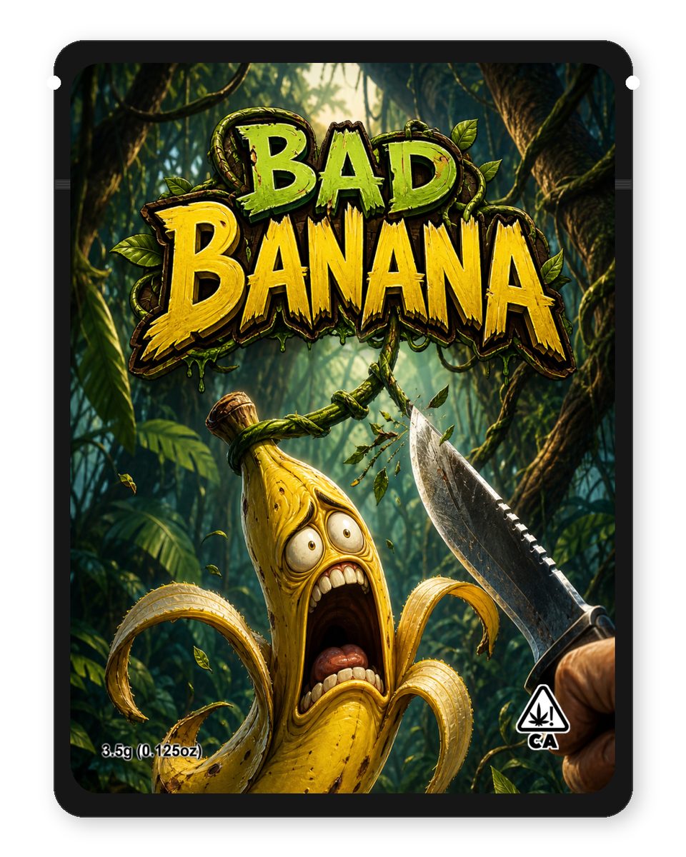 Bad Banana custom 4"x5" mylar bag design (front)