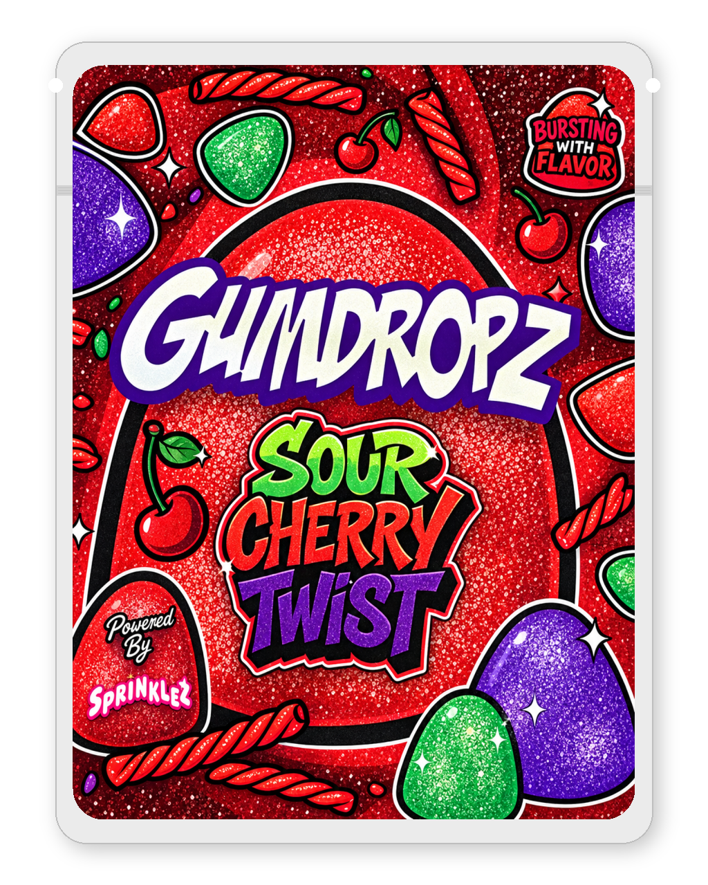Gumdropz Sour Cherry Twist 3.5g Mylar Sticker Bags Sprinklez - Front Design