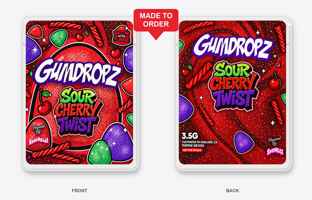 Gumdropz Sour Cherry Twist 3.5g Mylar Sticker Bags Sprinklez - Front and Back View, Made to Order