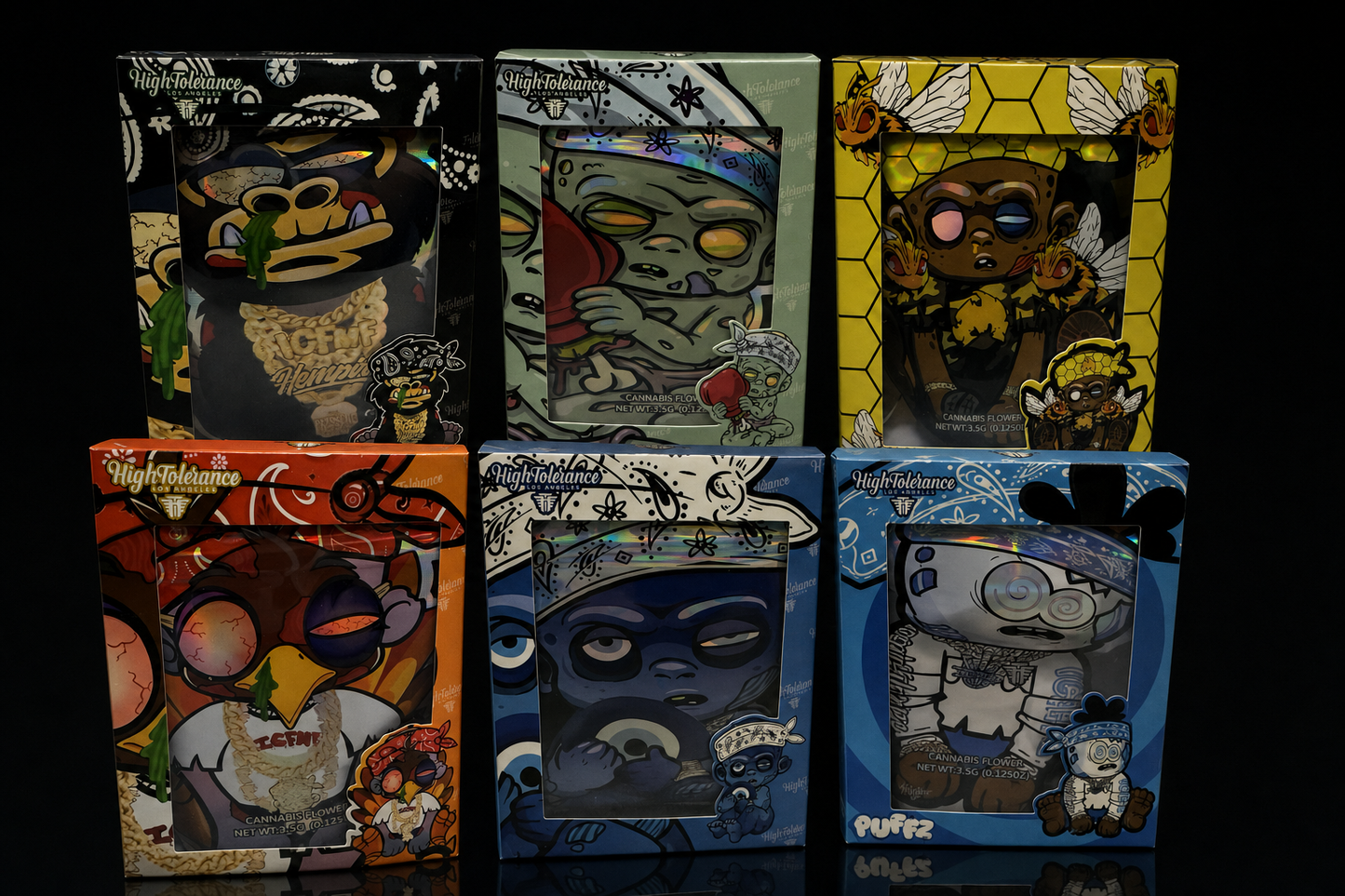 All six High Tolerance ICFMF 3.5g mylar bag and box designs