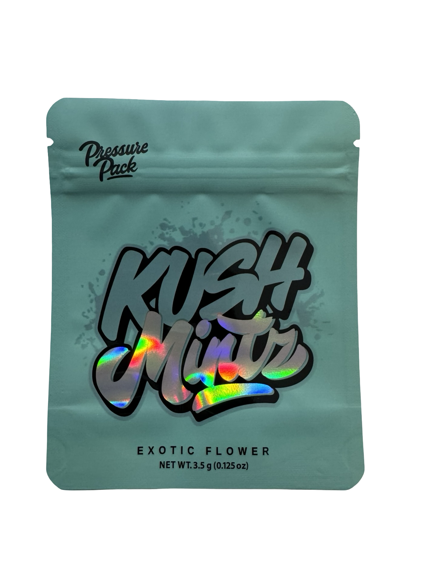 Kush Mintz 3.5g mylar bag, 4×5 in — Pressure Pack, holographic with spot-UV — front