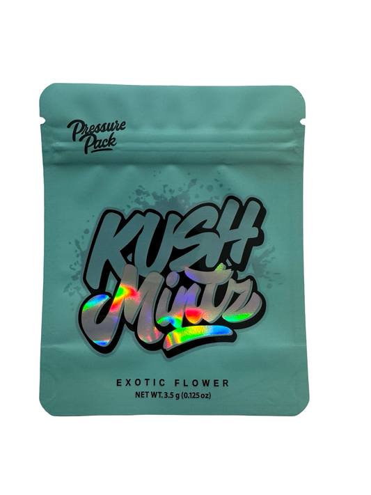 Kush Mintz 3.5g mylar bag, 4×5 in — Pressure Pack, holographic with spot-UV — front
