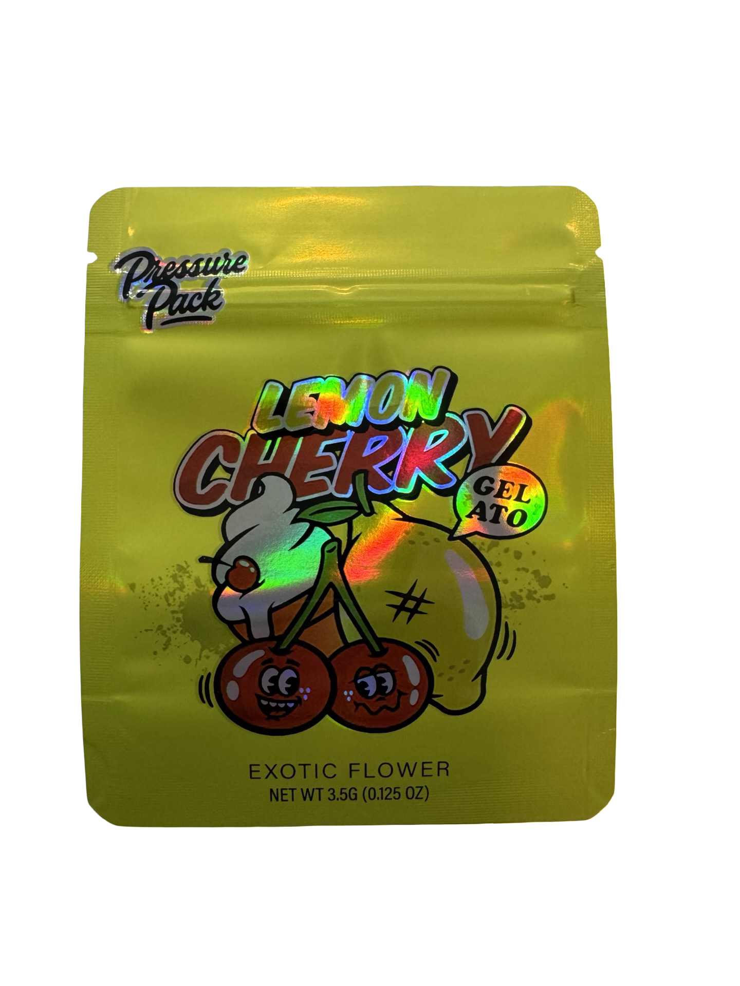 Lemon Cherry Gelato 3.5g mylar bag, 4×5 in — Pressure Pack, holographic with spot-UV — front