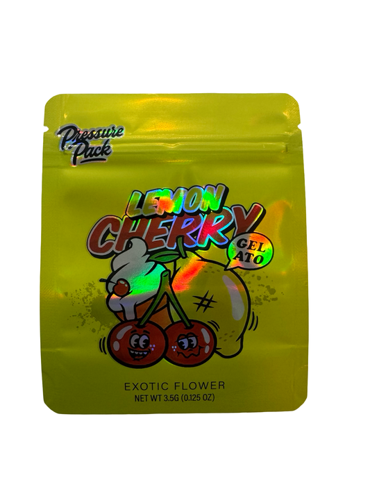 Lemon Cherry Gelato 3.5g mylar bag, 4×5 in — Pressure Pack, holographic with spot-UV — front