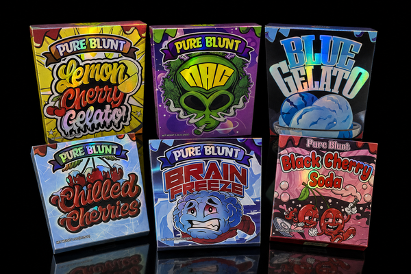 All six Pure Blunt 3.5g mylar bag and box designs — Lemon Cherry Gelato, MAC, Blue Gelato, Chilled Cherries, Brain Freeze and Black Cherry Soda