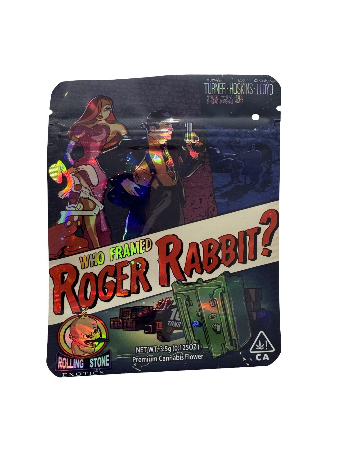 Rabbit 3.5g mylar bag, 4×5 in — Rolling Stone Exotics, holographic with spot-UV — front