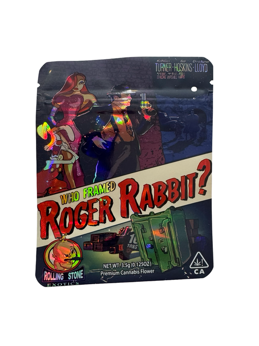 Rabbit 3.5g mylar bag, 4×5 in — Rolling Stone Exotics, holographic with spot-UV — front