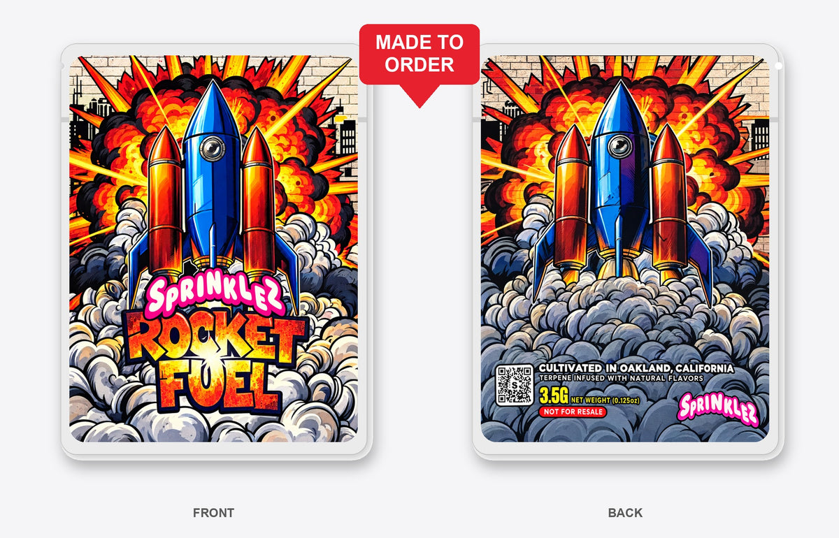 Rocket Fuel 3.5g Mylar Sticker Bags Sprinklez - Front and Back View, Made to Order
