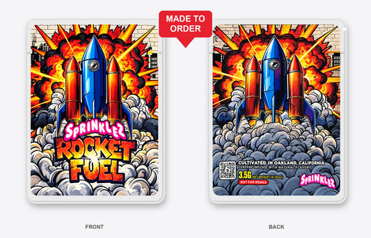 Rocket Fuel 3.5g Mylar Sticker Bags Sprinklez - Front and Back View, Made to Order