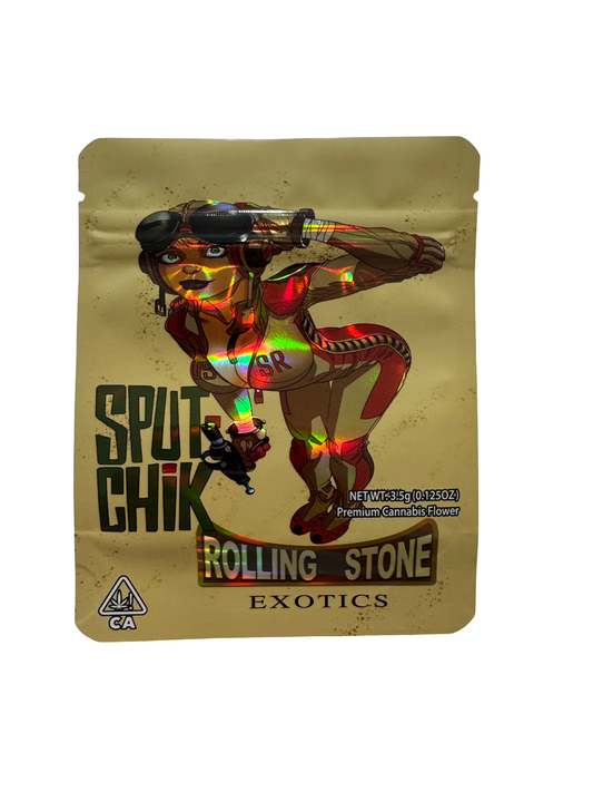Sput Chik 3.5g mylar bag, 4×5 in — Rolling Stone Exotics, holographic with spot-UV — front